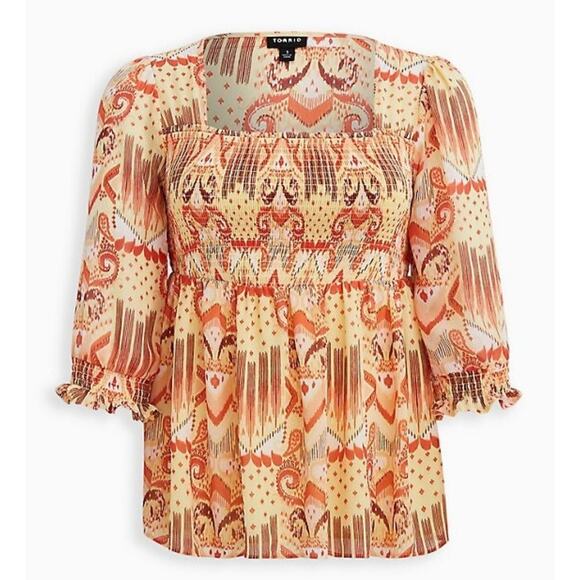 Torrid Babydoll Blouse Plus Size 1X Chiffon Smocked Yellow Orange - Picture 1 of 5